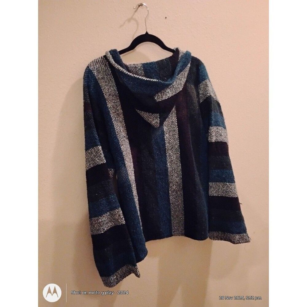 Classic Baja Hoodie Blue Black White Striped Pullover Mexican Blanket